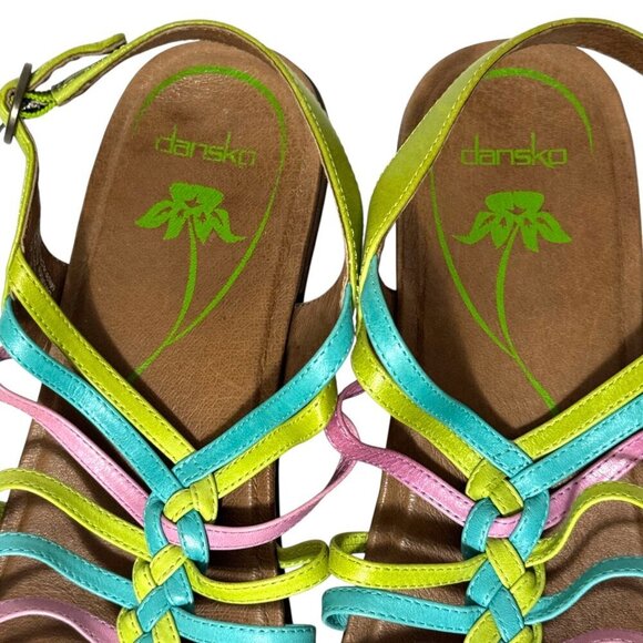 Dansko Dana Sandals Leather Pink Blue Green Strappy Wedge Womens Size 42 US 12 - Picture 11 of 16